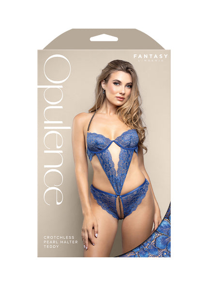 OPULENCE Crotchless Pearl Halter Teddy SM - Royal Blue - S/M Size