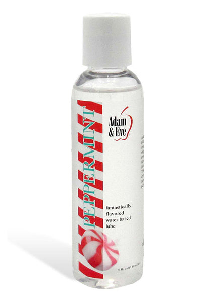 Bottle of Adam & Eve Peppermint flavored water-based lubricant on a white background