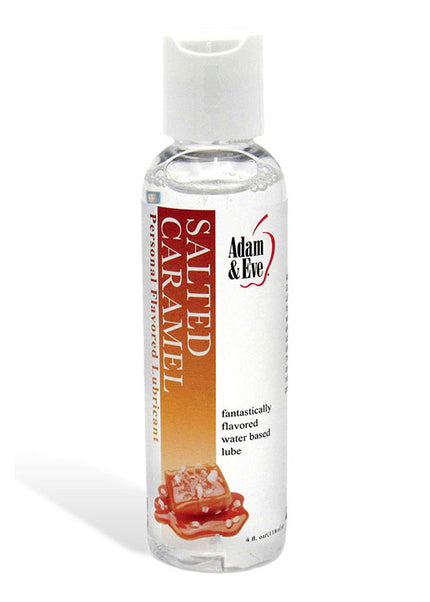 Bottle of Adam & Eve Salted Caramel flavored lubricant on a white background