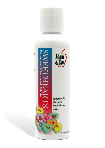 Bottle of Adam & Eve Sweethearts personal lubricant on a white background