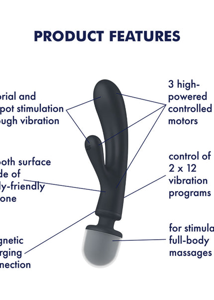Satisfyer Triple Lover - Grey USB Rechargeable Rabbit Vibrator and Massage Wand