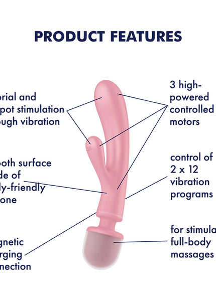 Satisfyer Triple Lover - Pink USB Rechargeable Rabbit Vibrator and Massage Wand