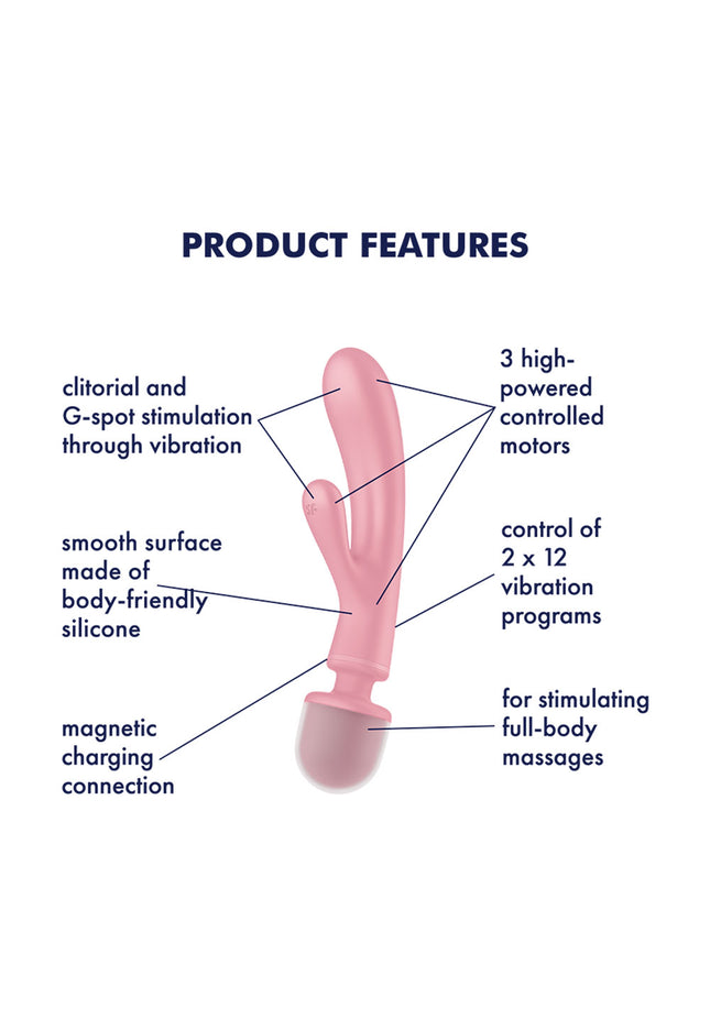 Satisfyer Triple Lover - Pink USB Rechargeable Rabbit Vibrator and Massage Wand