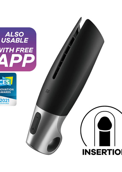 Satisfyer Power Masturbator - Black USB Rechargeable Vibrating Masturbator with App Control