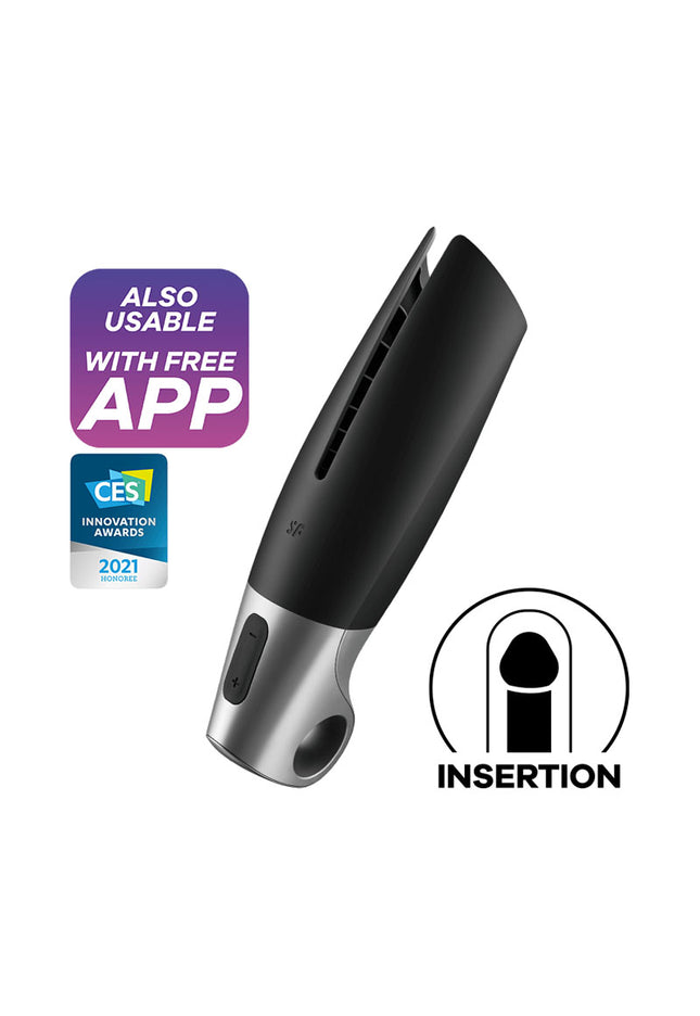 Satisfyer Power Masturbator - Black USB Rechargeable Vibrating Masturbator with App Control
