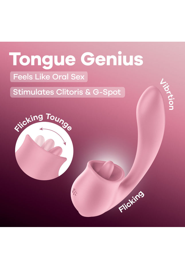 Satisfyer Tongue Genius - Pink USB Rechargeable Vibrator with Flicking Clit Stimulator
