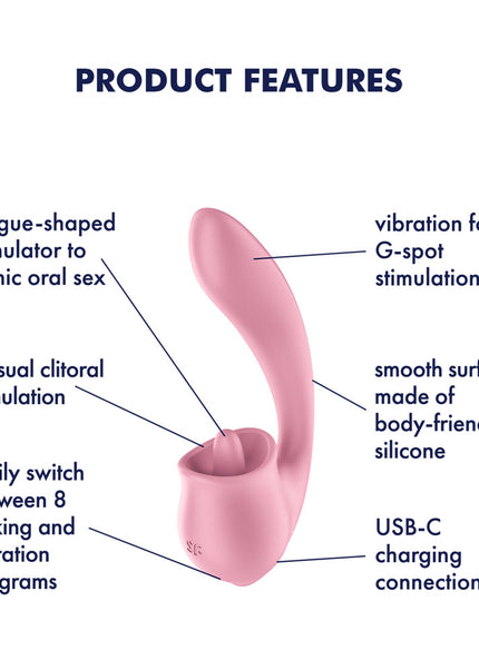 Satisfyer Tongue Genius - Pink USB Rechargeable Vibrator with Flicking Clit Stimulator