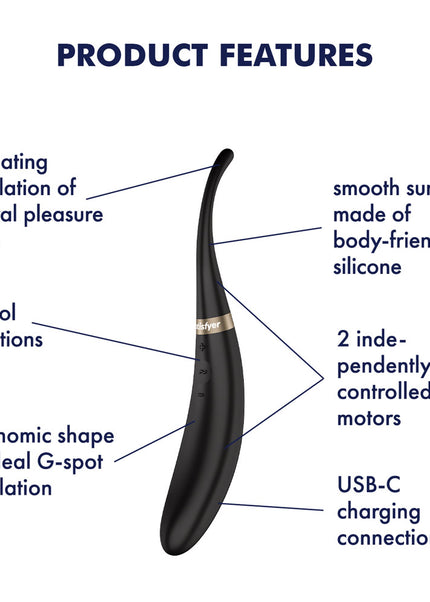 Satisfyer Tip Tease - Black - Black USB Rechargeable Vibrator with Twirling Tip