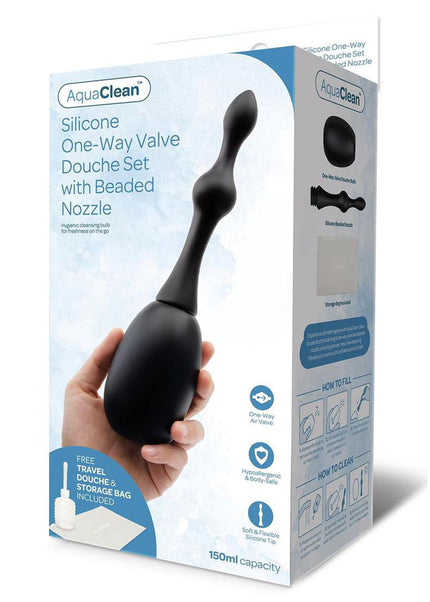 AquaClean Silicone 1-Way Valve Douche Set with Beaded Nozzle - 150 ml Capacity with Free Travel Douche Included
