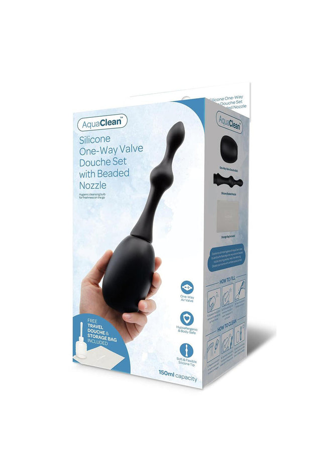 AquaClean Silicone 1-Way Valve Douche Set with Beaded Nozzle - 150 ml Capacity with Free Travel Douche Included
