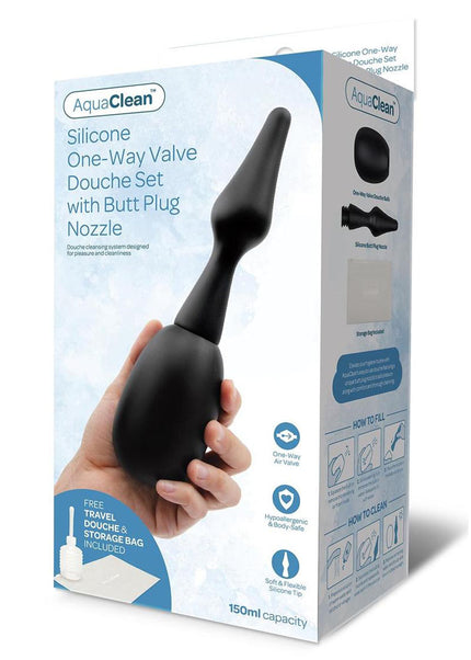 AquaClean Silicone 1-Way Valve Douche Set with Butt Plug Nozzle - 150 ml Capacity with Free Travel Douche Included
