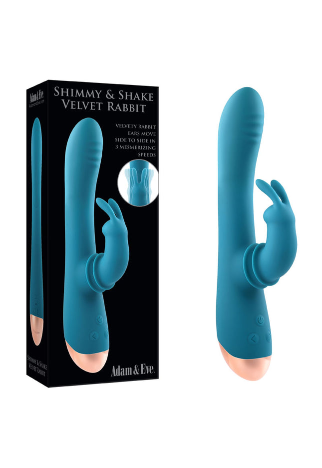Adam & Eve SHIMMY & SHAKE VELVET RABBIT - Blue 22.4 cm USB Rechargeable Rabbit Vibrator