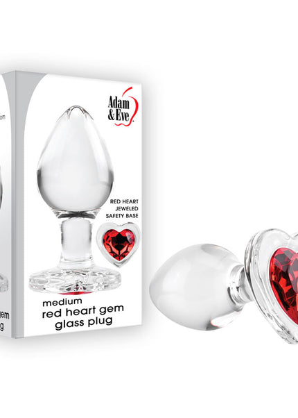 Adam & Eve RED HEART GEM GLASS PLUG MEDIUM - Clear Glass 8.1 cm Butt Plug with Red Heart Gem Base