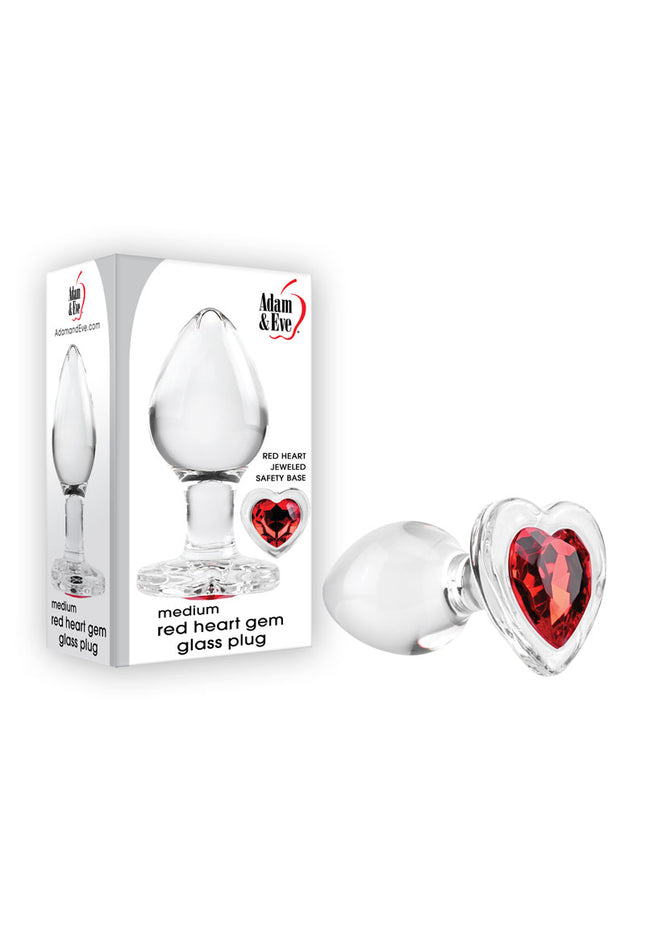 Adam & Eve RED HEART GEM GLASS PLUG MEDIUM - Clear Glass 8.1 cm Butt Plug with Red Heart Gem Base