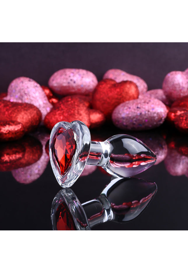 Adam & Eve RED HEART GEM GLASS PLUG SMALL - Clear Glass 7.4 cm Butt Plug with Red Heart Gem Base