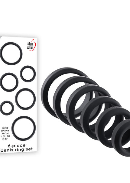 Adam & Eve 6-PIECE PENIS RING SET - Black Cock Rings - Set of 6 Sizes