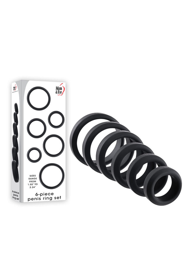 Adam & Eve 6-PIECE PENIS RING SET - Black Cock Rings - Set of 6 Sizes