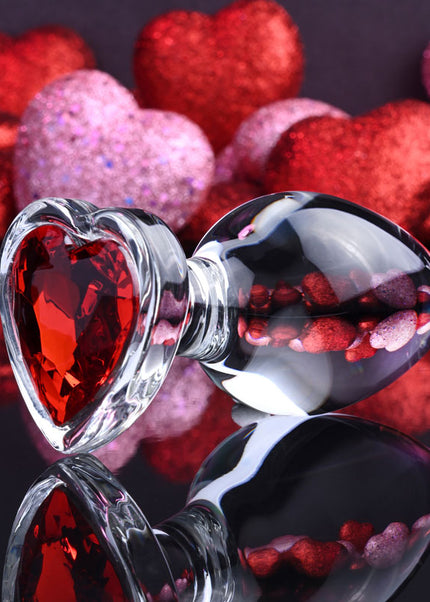 Adam & Eve RED HEART GEM GLASS PLUG LARGE - Clear Glass 9.5 cm Butt Plug with Red Heart Gem Base