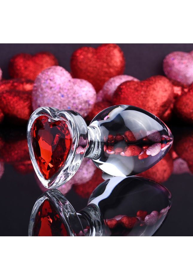 Adam & Eve RED HEART GEM GLASS PLUG LARGE - Clear Glass 9.5 cm Butt Plug with Red Heart Gem Base