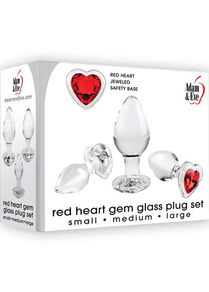 Adam & Eve RED HEART GEM GLASS PLUG SET - Clear Glass Butt Plugs - Set of 3 Sizes