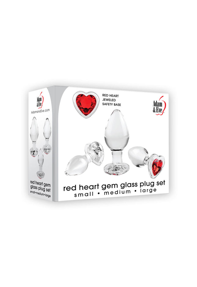 Adam & Eve RED HEART GEM GLASS PLUG SET - Clear Glass Butt Plugs - Set of 3 Sizes