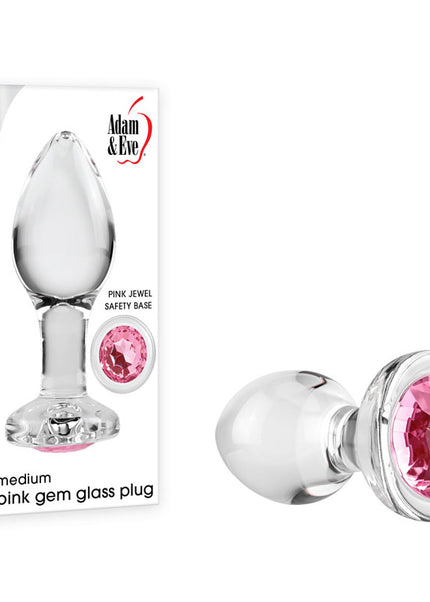 Adam & Eve PINK GEM GLASS PLUG MEDIUM - Clear Glass 8.7 cm Butt Plug with Pink Gem Base