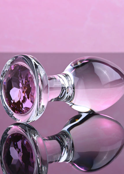 Adam & Eve PINK GEM GLASS PLUG MEDIUM - Clear Glass 8.7 cm Butt Plug with Pink Gem Base