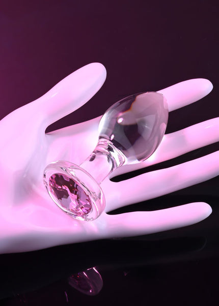 Adam & Eve PINK GEM GLASS PLUG MEDIUM - Clear Glass 8.7 cm Butt Plug with Pink Gem Base