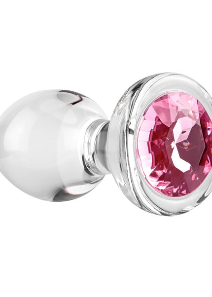 Adam & Eve PINK GEM GLASS PLUG MEDIUM - Clear Glass 8.7 cm Butt Plug with Pink Gem Base