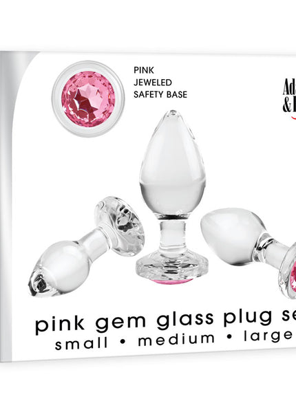 Adam & Eve PINK GEM GLASS PLUG SET - Clear Glass Butt Plugs - Set of 3 Sizes