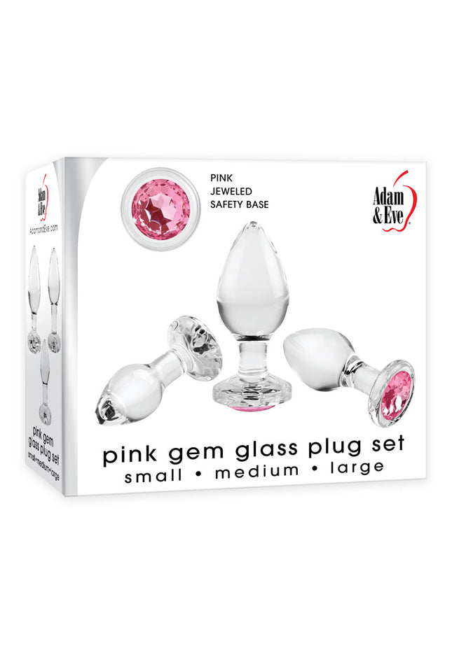 Adam & Eve PINK GEM GLASS PLUG SET - Clear Glass Butt Plugs - Set of 3 Sizes