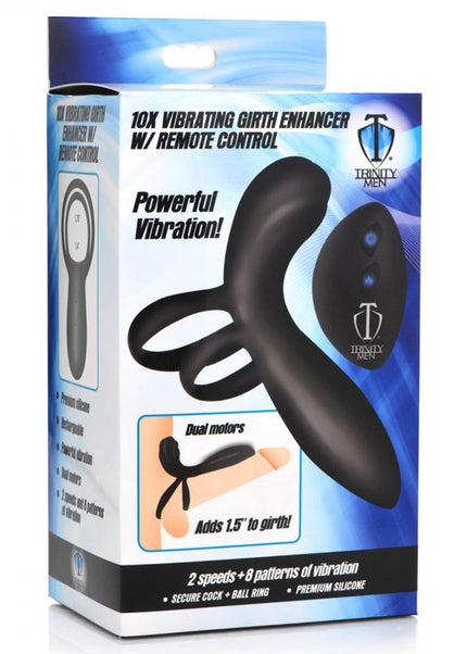 Trinity Silicone Vibrating Girth Enhancer with Remote - Black USB Rechargeable Vibrating Penis Sleeve