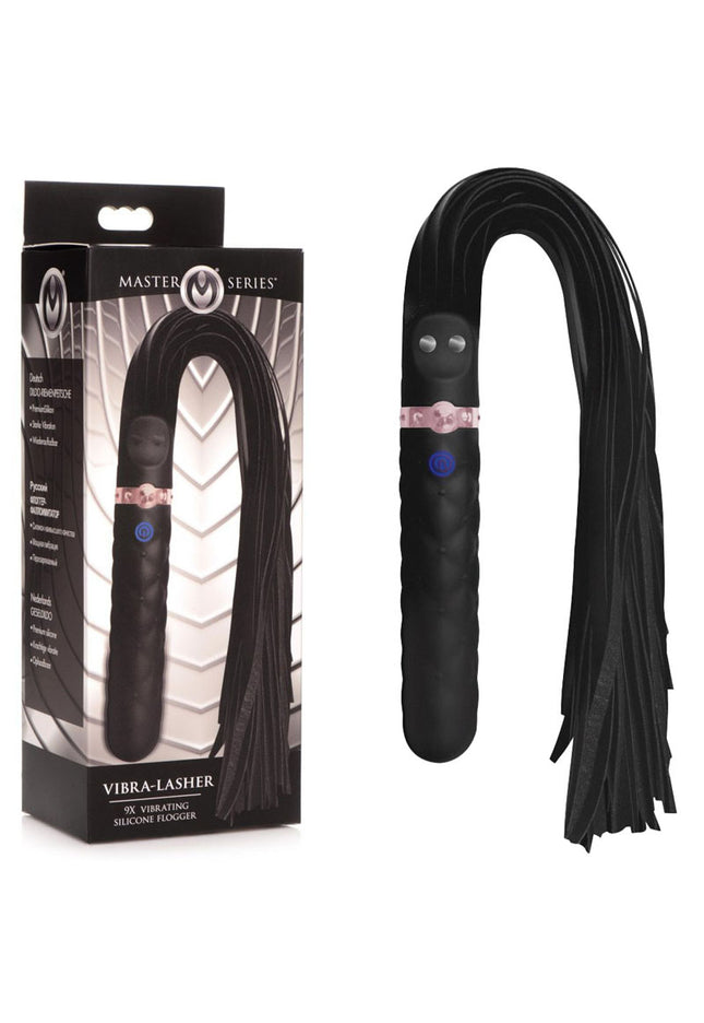 Master Series Vibra-Lasher 9X Vibrating Silicone Dildo - Black 50 cm USB Rechargeable Vibrator and Flogger
