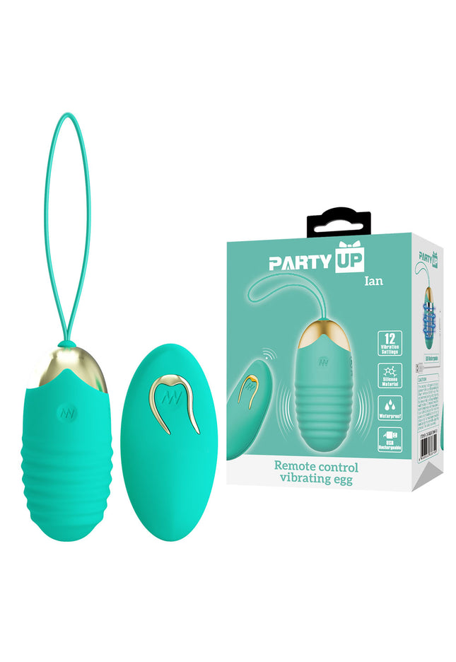 Party Up IAN Remote Egg - Teal - Teal USB Rechargeable Vibrating Egg with Wireless Remote