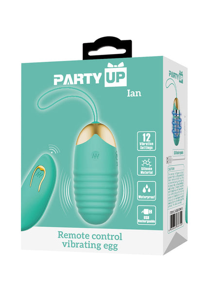 Party Up IAN Remote Egg - Teal - Teal USB Rechargeable Vibrating Egg with Wireless Remote