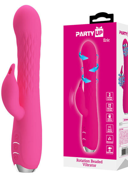 Party Up ERIC Rotating Beads Vibrator - Pink - Pink 20.5 cm USB Rechargeable Rabbit Vibrator with Rotating Bead Shaft