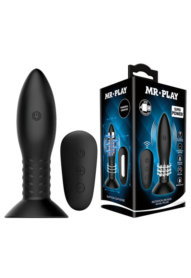 MR PLAY Rotation Beads Anal Plug - Black USB Rechargeable Beaded Butt Plug with Wireless Remote