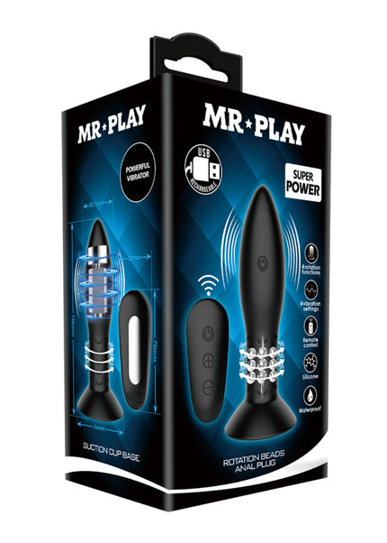 MR PLAY Rotation Beads Anal Plug - Black USB Rechargeable Beaded Butt Plug with Wireless Remote