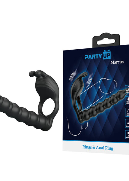 Party Up MARCUS Ring & Anal Plug - Black USB Rechargeable Vibrating Cock Ring with Double Penetrator