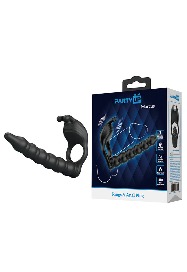 Party Up MARCUS Ring & Anal Plug - Black USB Rechargeable Vibrating Cock Ring with Double Penetrator