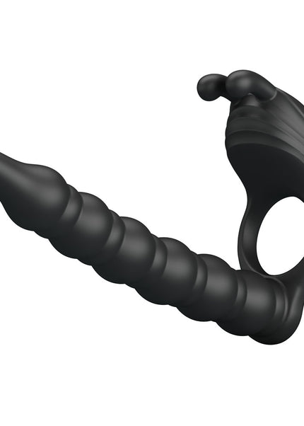 Party Up MARCUS Ring & Anal Plug - Black USB Rechargeable Vibrating Cock Ring with Double Penetrator
