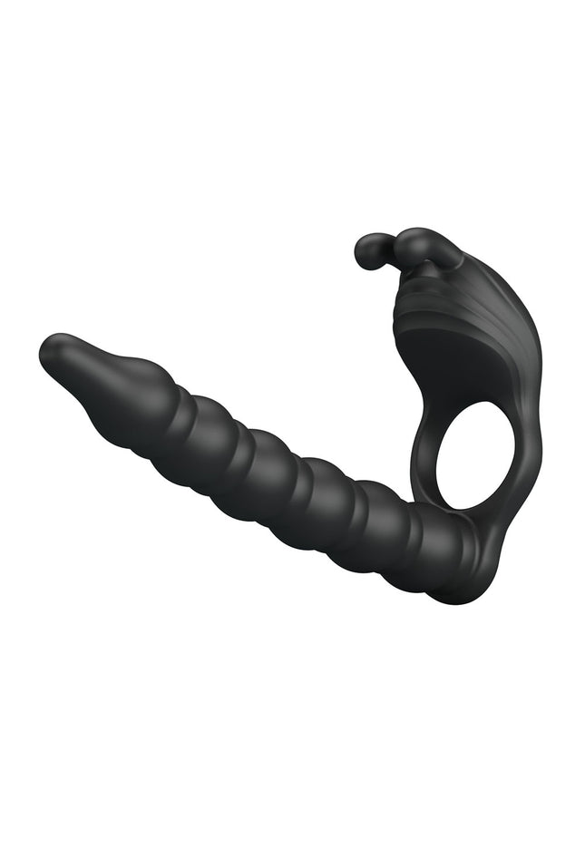 Party Up MARCUS Ring & Anal Plug - Black USB Rechargeable Vibrating Cock Ring with Double Penetrator