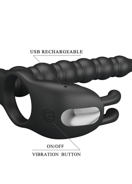Party Up MARCUS Ring & Anal Plug - Black USB Rechargeable Vibrating Cock Ring with Double Penetrator