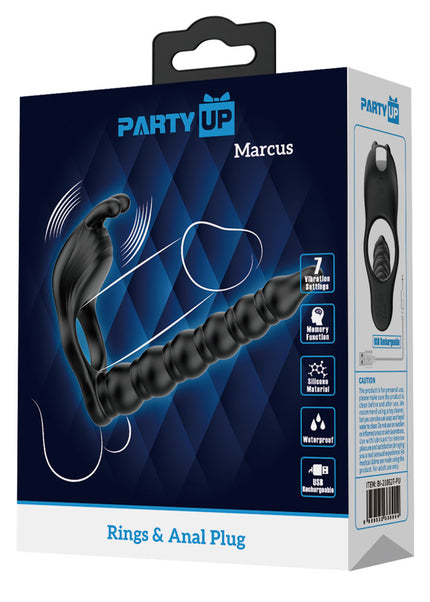 Party Up MARCUS Ring & Anal Plug - Black USB Rechargeable Vibrating Cock Ring with Double Penetrator