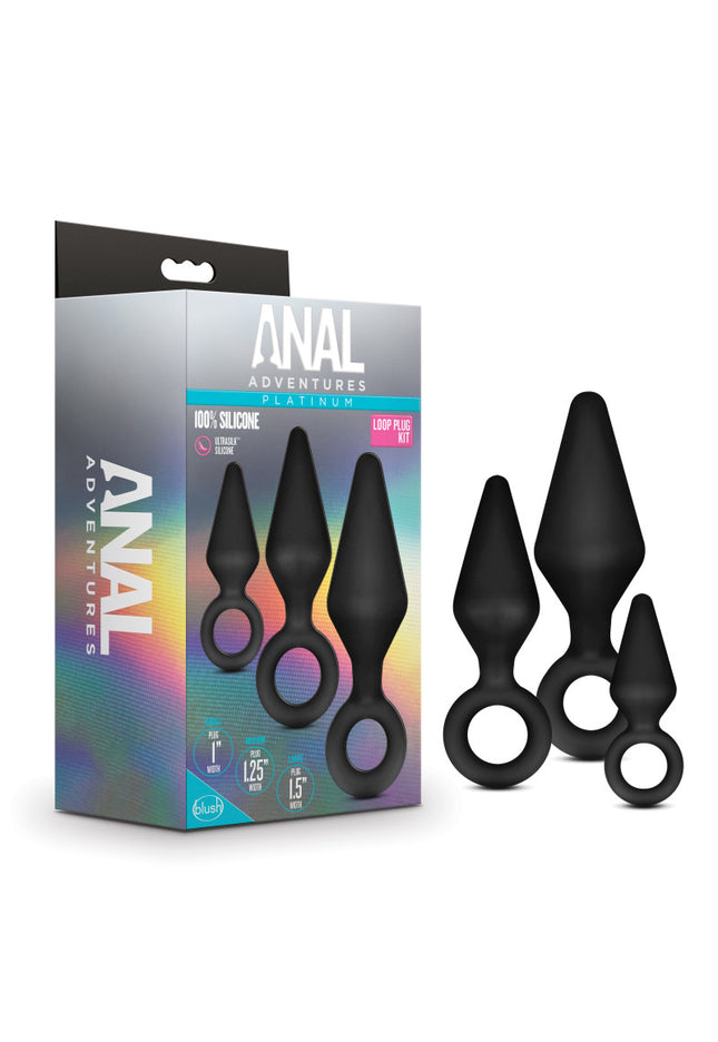 Anal Adventures Platinum Loop Plug Kit - Black Butt Plugs - Set of 3 Sizes