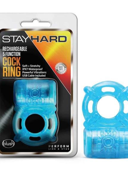 Stay Hard Rechargeable 5 Function Cock Ring - Blue USB Rechargeable Vibrating Cock Ring