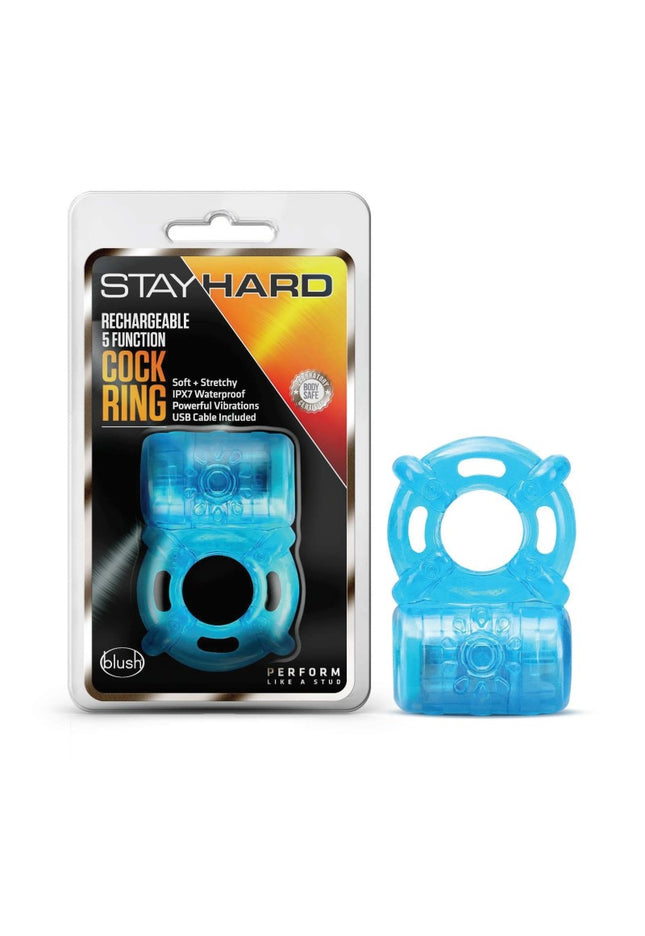 Stay Hard Rechargeable 5 Function Cock Ring - Blue USB Rechargeable Vibrating Cock Ring