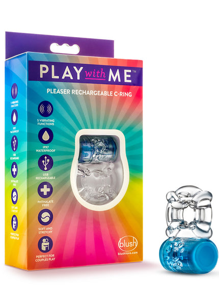 Play With Me Pleaser Rechargeable C-Ring - Blue - Blue Rechargeable Cock Ring