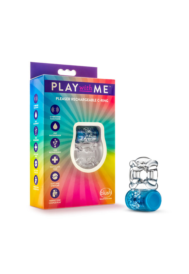 Play With Me Pleaser Rechargeable C-Ring - Blue - Blue Rechargeable Cock Ring