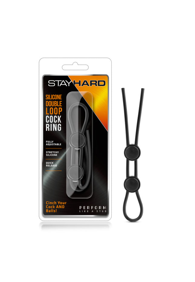 Stay Hard Silicone Double Loop Cock Ring - Black Adjustable Lasso Cock Ring
